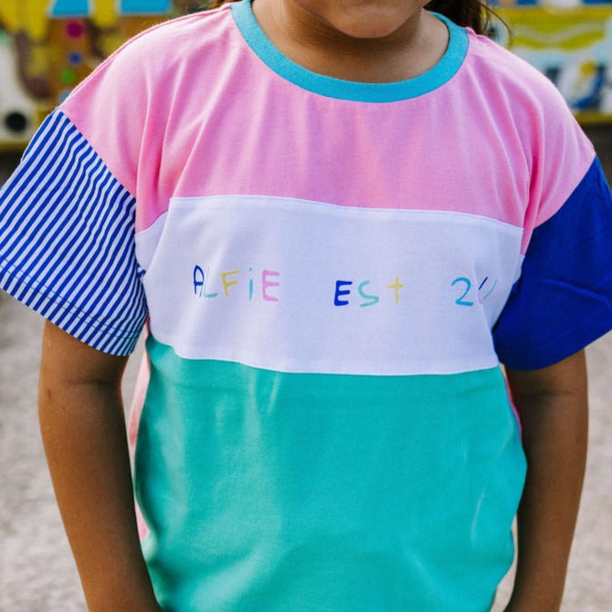 Alfie Harvi Block Tee in Blue Pink and Aqua for Kids 0-16