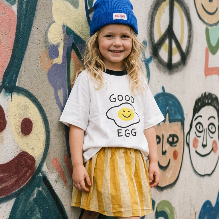 Child wearing a white t-shirt with a graphic design, yellow skirt, and blue beanie standing in front of a colorful mural.