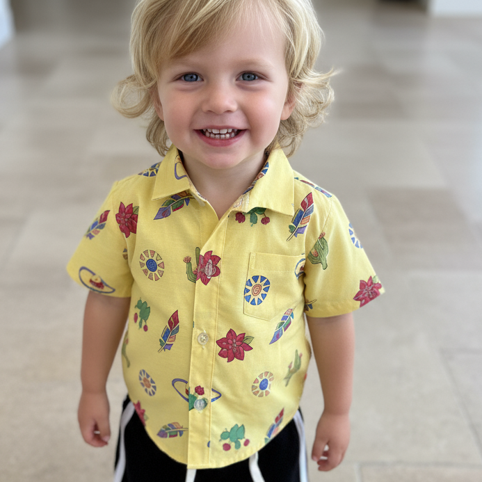 Child wearing a yellow Alfie Party Shirt shirt with colorful