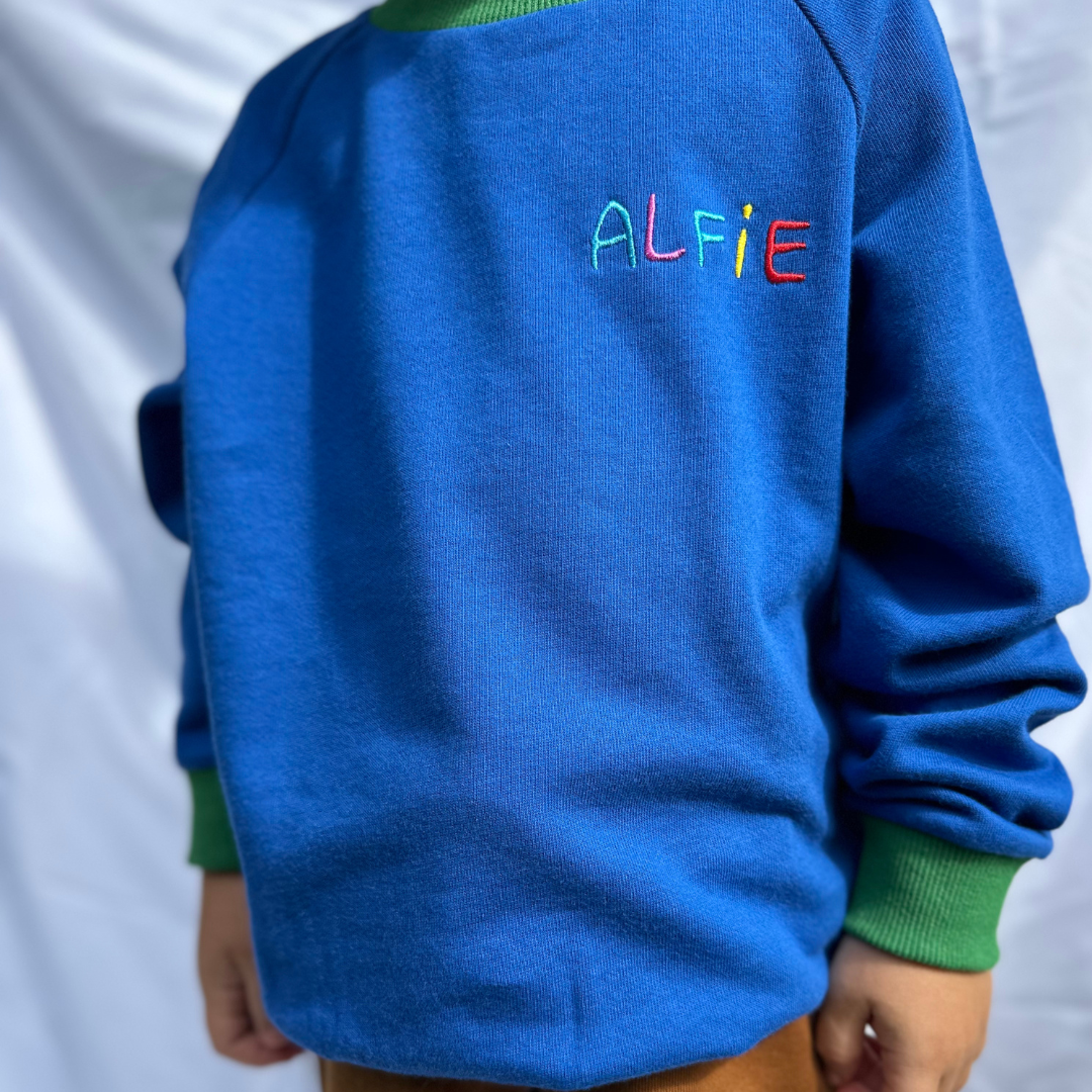 Alfie Blue Bandicoot Jumper French Terry Cotton Red Sweater with Green Trim and Embroidered Logo