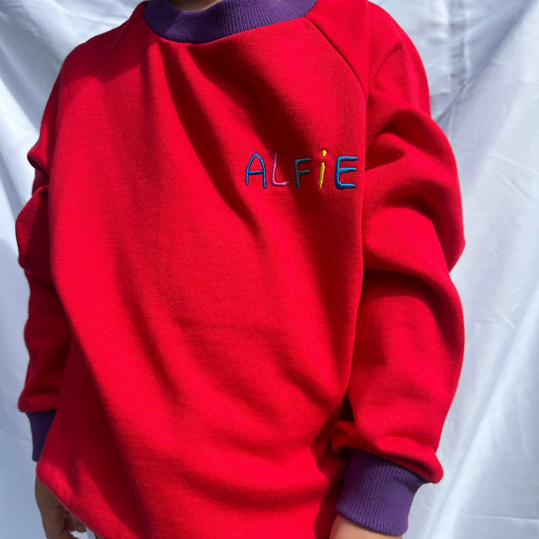 Alfie Red Joey Jumper French Terry Cotton Red Sweater with Purple Trim and Embroidered Logo