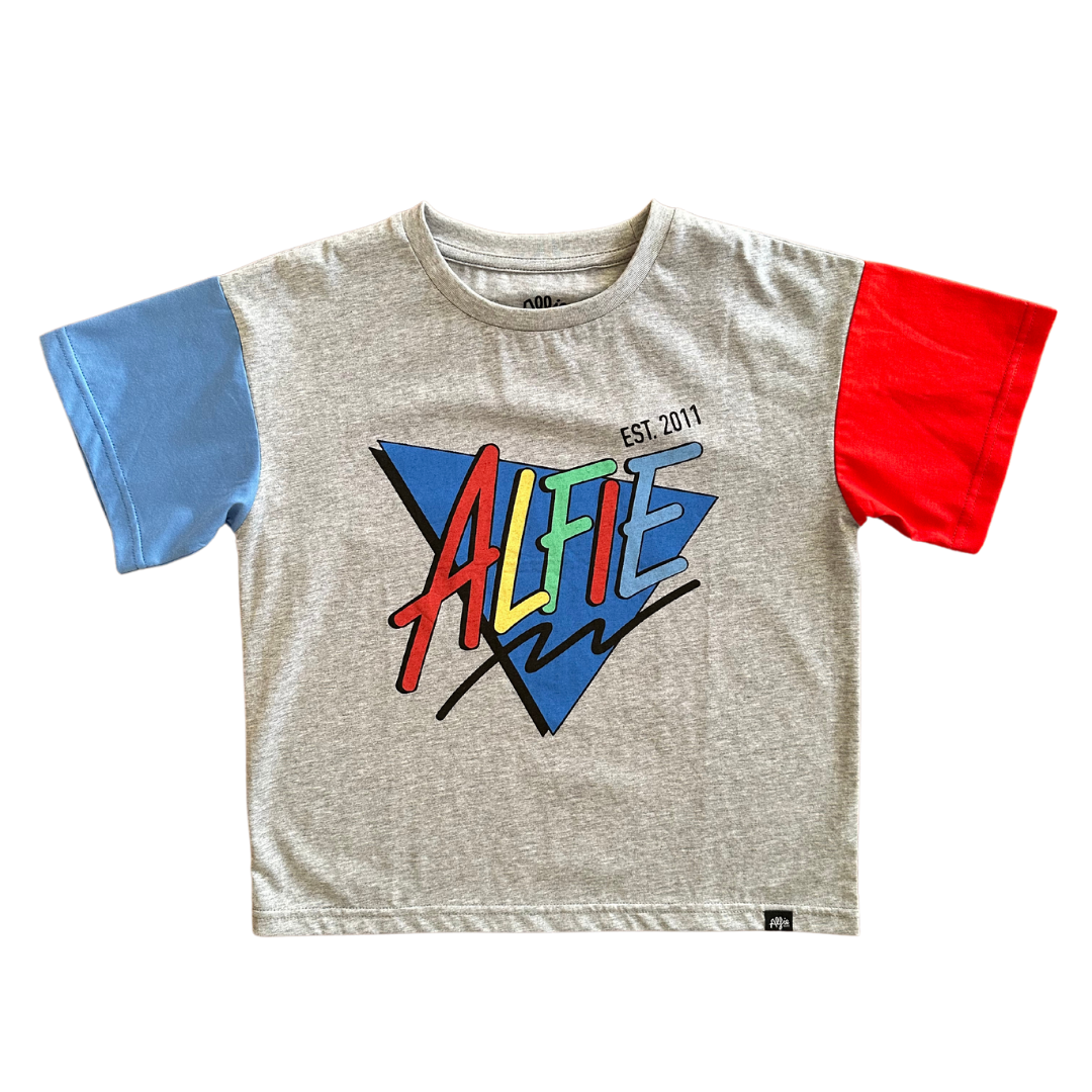 Alfie Bermuda Tee Kids Grey Tee with Blue and Red Sleeves