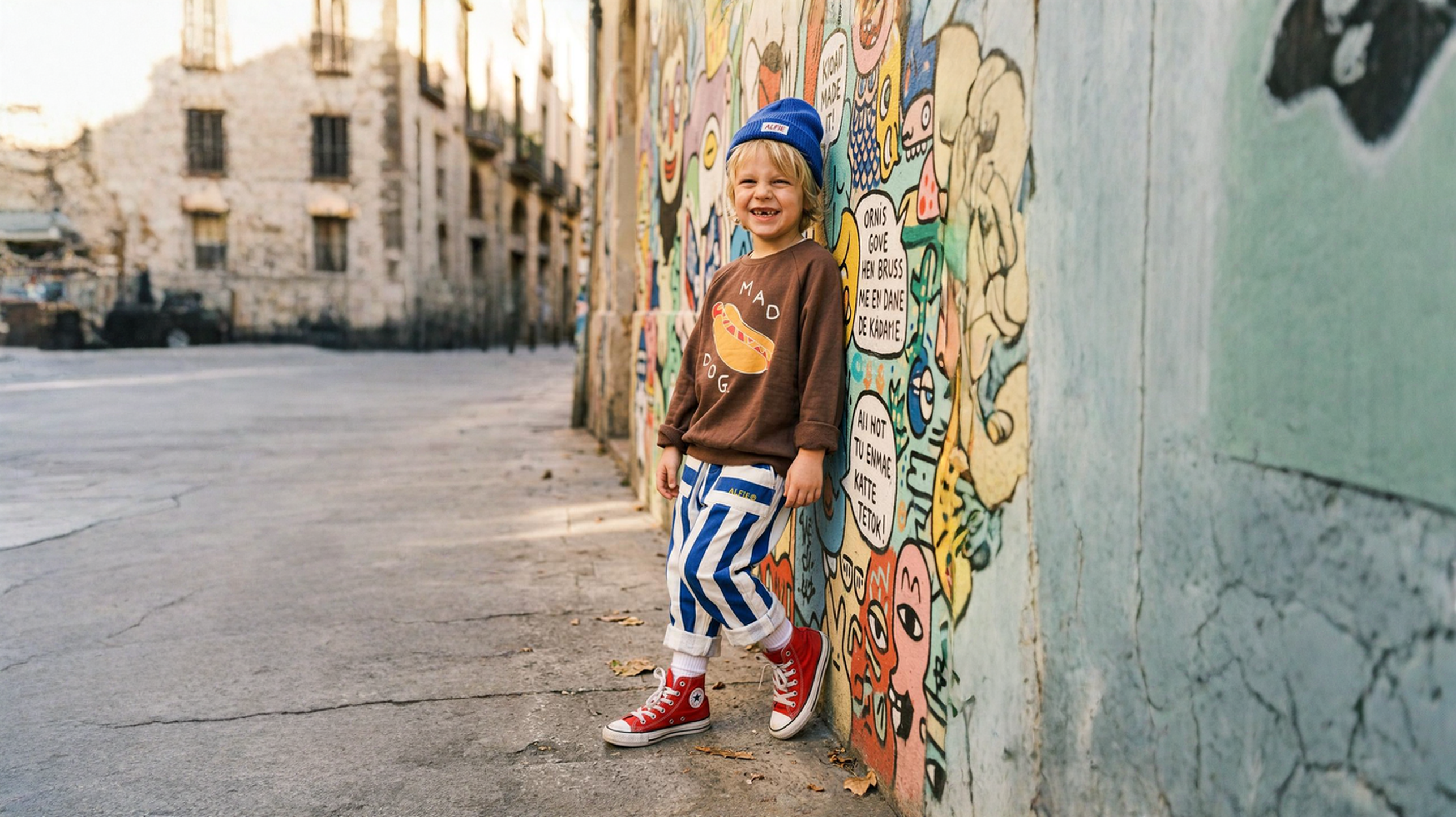 Child standing against a graffiti-covered wall in an urban setting