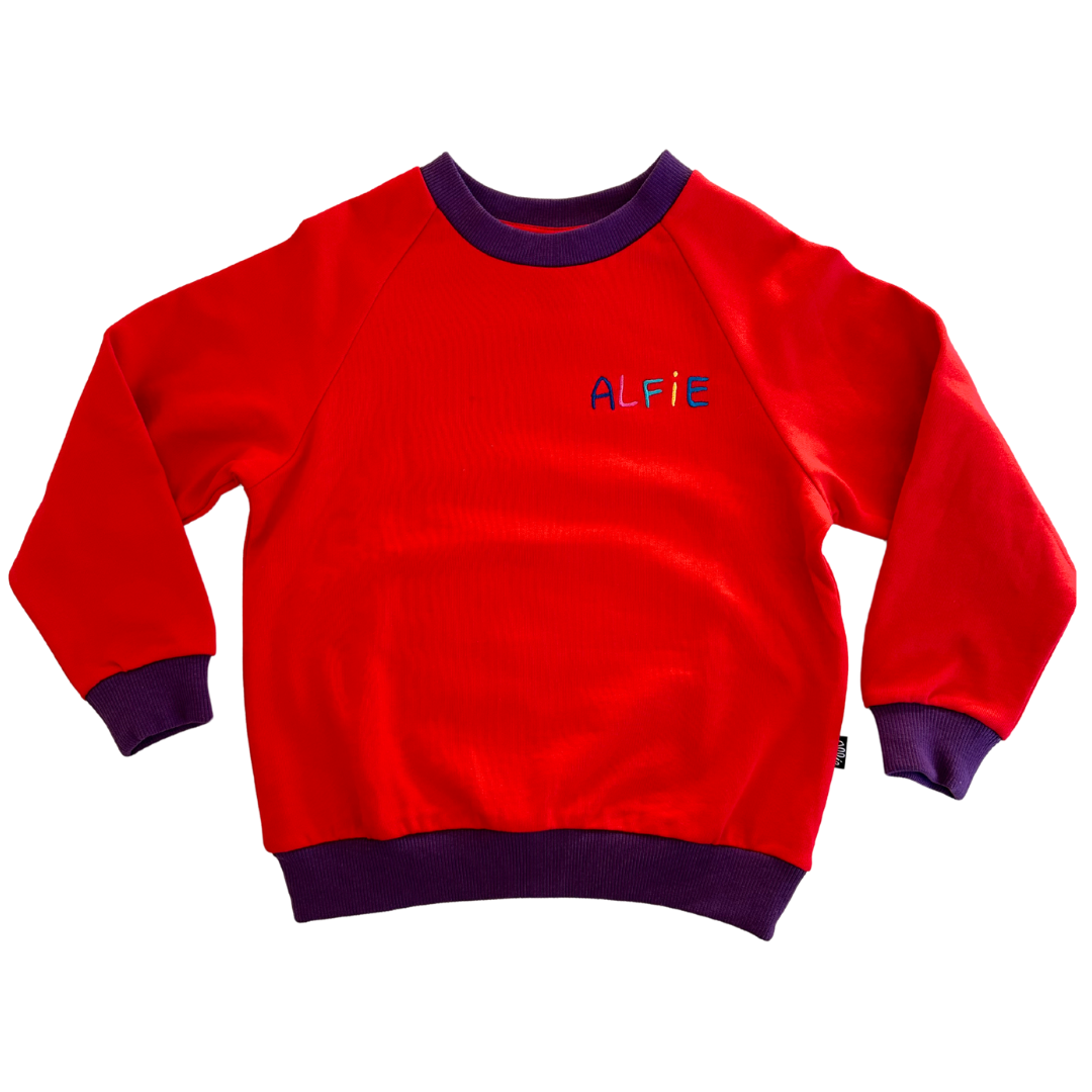 Alfie Red Joey Jumper French Terry Cotton Red Sweater with Purple Trim and Embroidered Logo