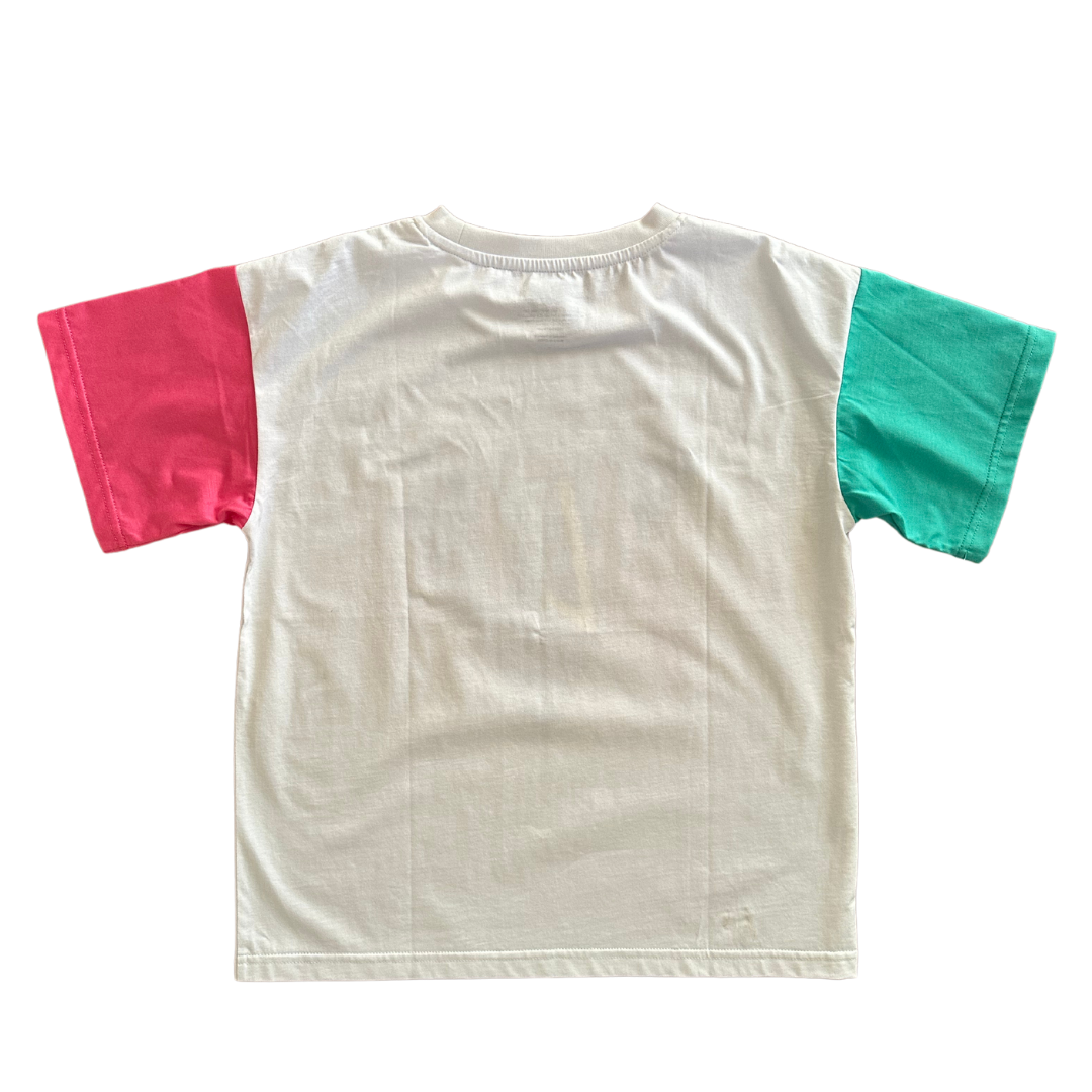 Alfie Bermuda Tee Kids White Tee with Pink and Aqua Sleeves