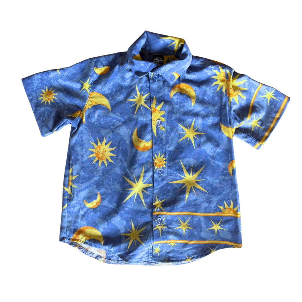 Alfie Kids Blue Party shirt with yellow celestial pattern 