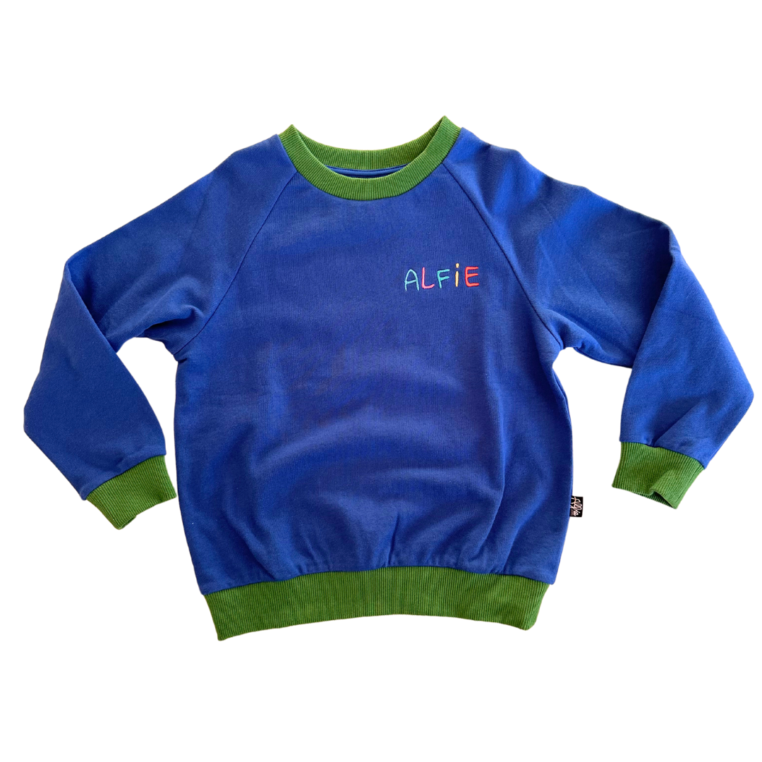 Alfie Blue Bandicoot Jumper French Terry Cotton Red Sweater with Green Trim and Embroidered Logo