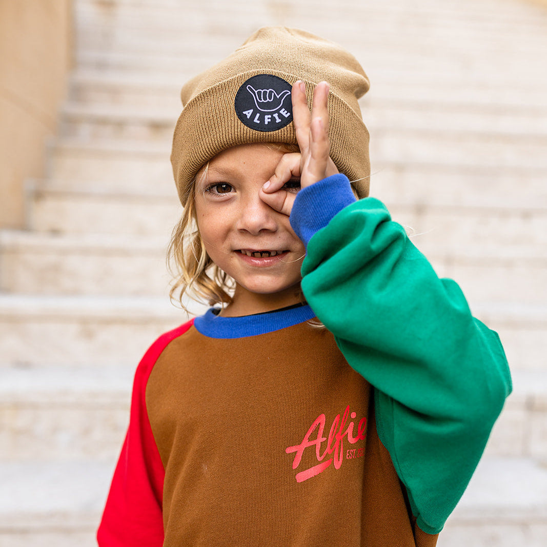 Alfie retro jumper in tan for kids aged 0 to 16 – Aussie kidswear