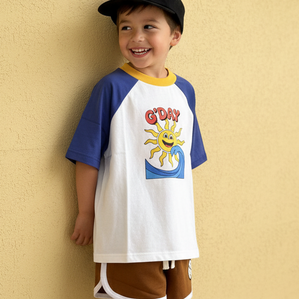 Alfie GDay Tee Raglan Blue Sleeves and Yellow Collar 