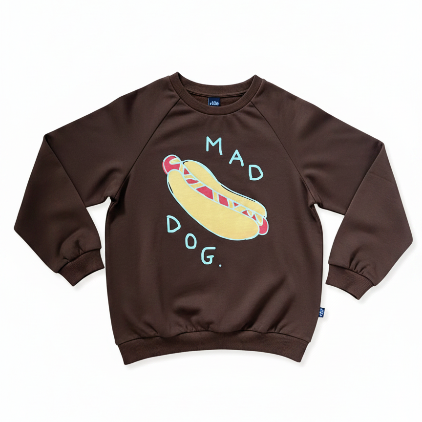 Brown sweatshirt with a hot dog graphic and 'Mad Dog' text on a white background