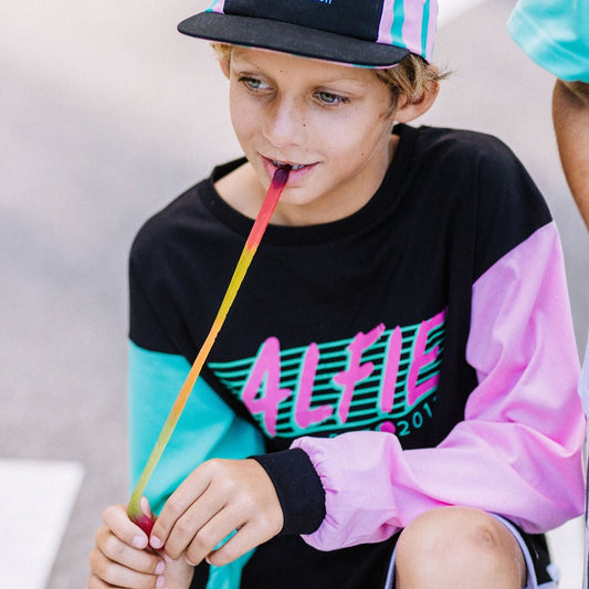 Alfie Radness Madness Black Kids Tee with Pink and Aqua Sleeves and Black Cuffs