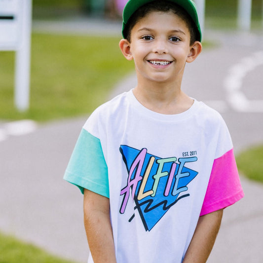 Alfie Rad Bermuda Tee - Kids White T-Shirt with Pink & Aqua Sleeves and Alfie Logo