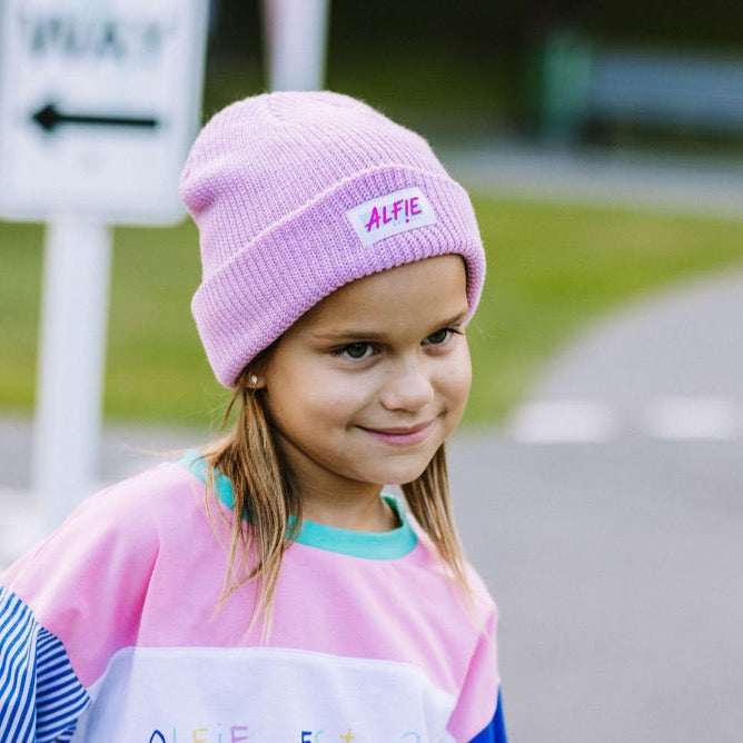 Alfie Lilac Kids Beanie with Pink Badge