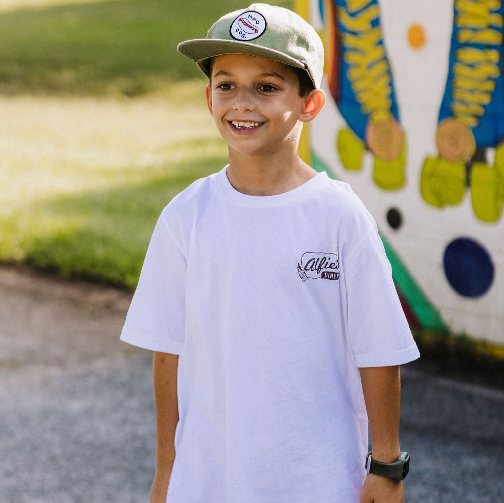 Alfie Diner Tee in White with Brown Logo Kids and Adults sizes