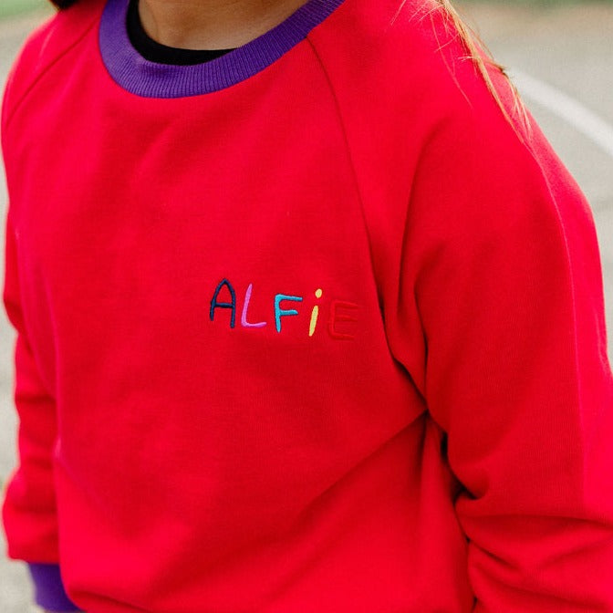 Alfie Red Joey Jumper French Terry Cotton Red Sweater with Purple Trim and Embroidered Logo
