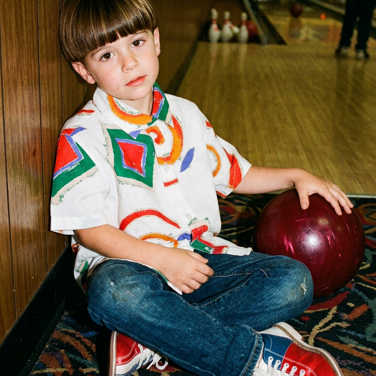 Child sitting on a bowling lane with a red bowling ball wearing cool Alfie Party Shirt