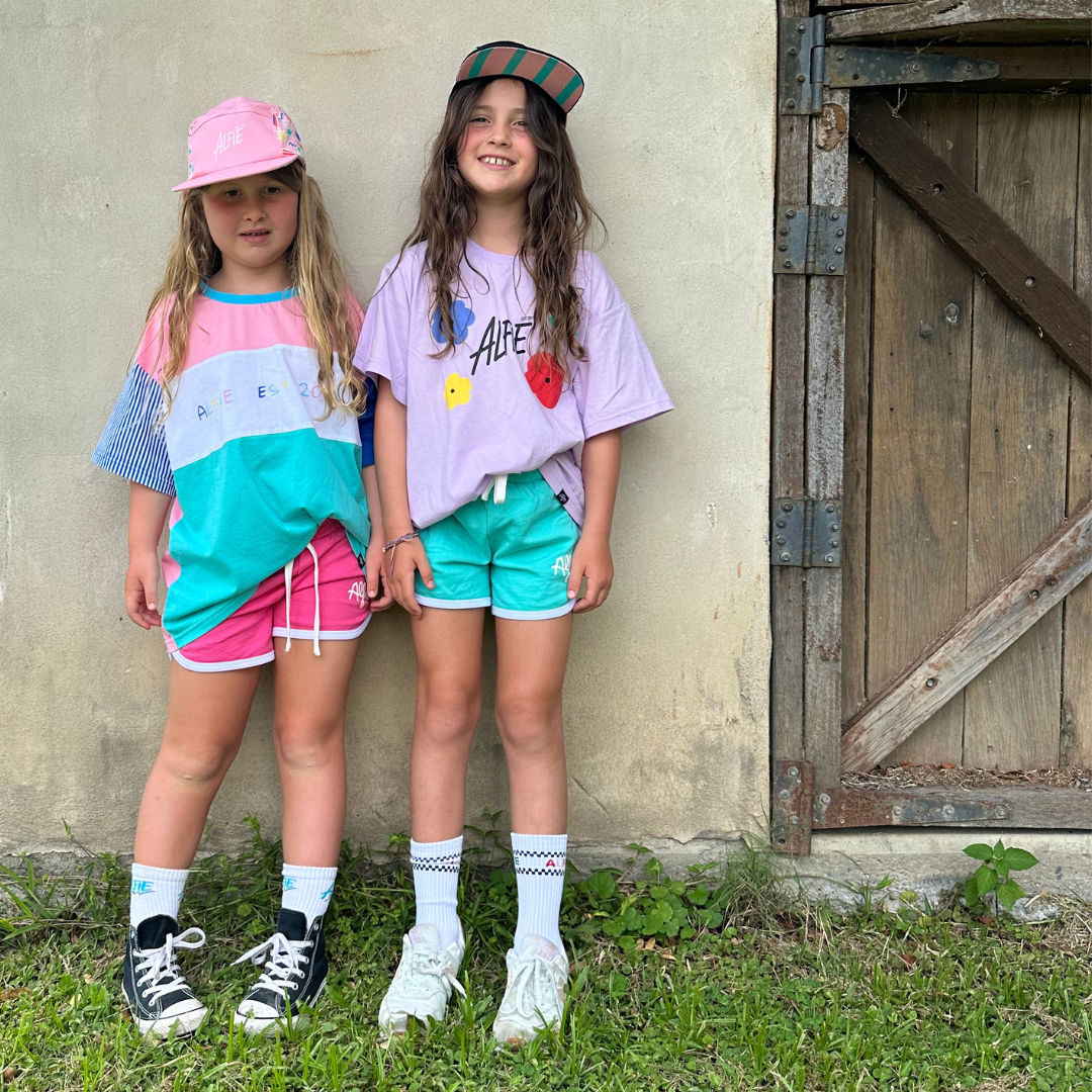 Kids Aqua Terry Cotton 70s Style Shorts With White Trim Available in sizes 0-10