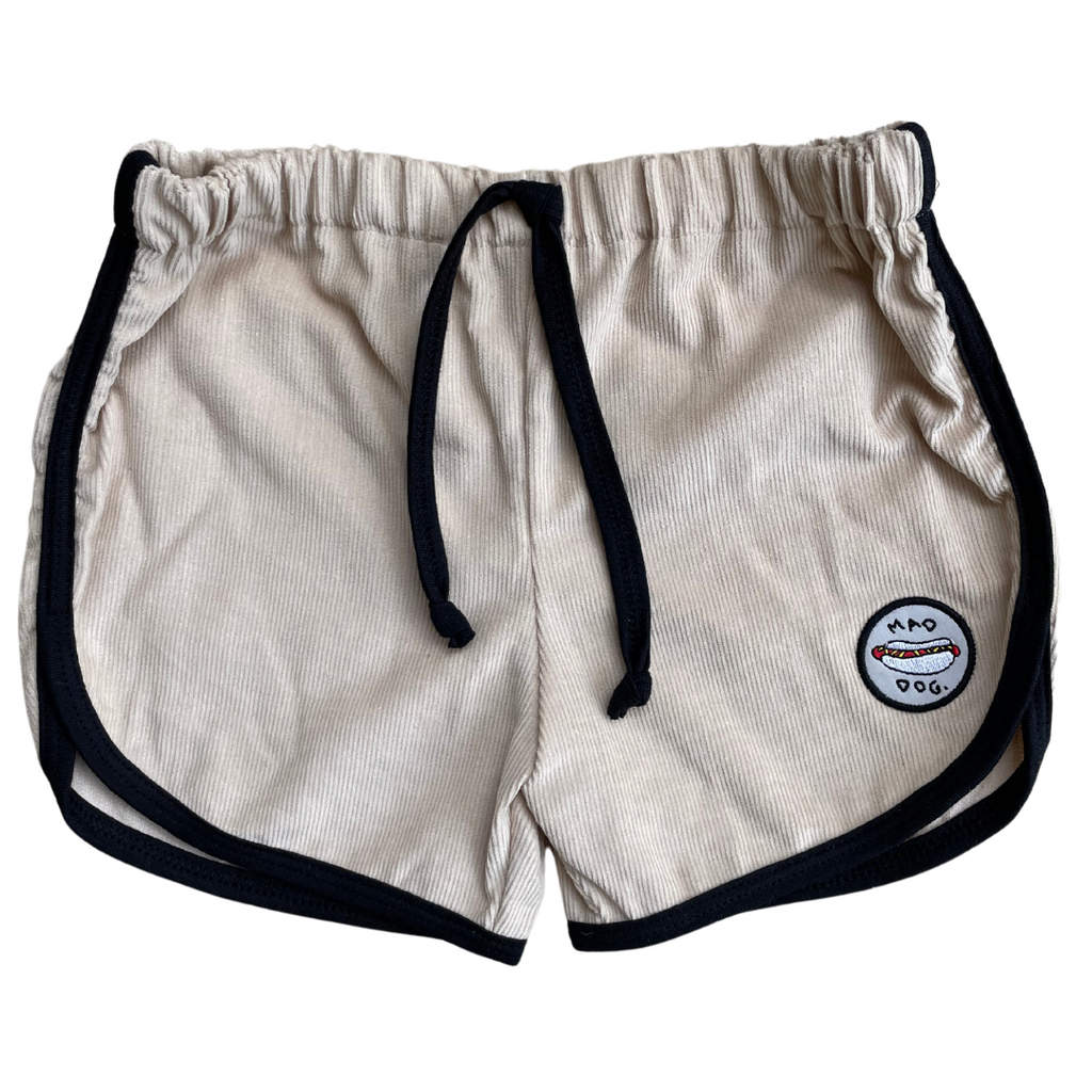 Alfie Tan Drill Shorts with the Mad Dog badge. For kids 1-6
