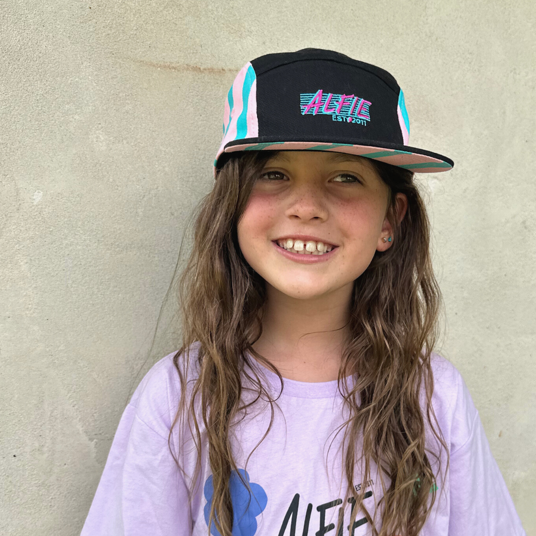 Alfie Radness Madness Cap Black Cotton Twill Kids Hat With Pink and Aqua Stripe