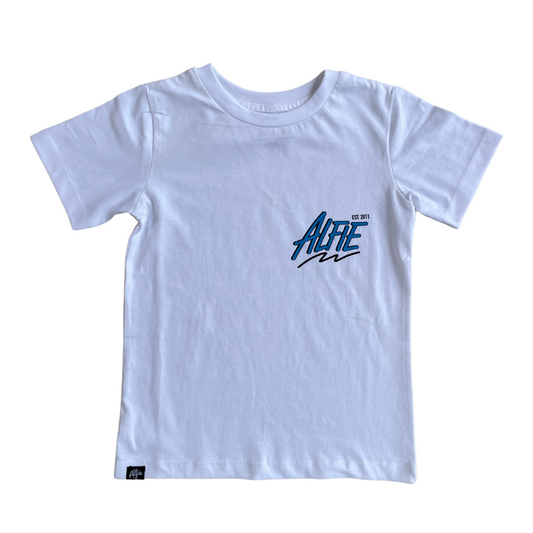 Alfie 80's White Tee Kids White T-Shirt With Blue 80's Logo