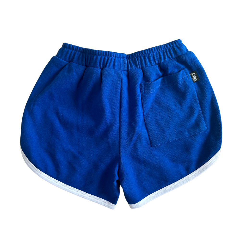 Kids Bright Blue Terry Cotton 70s Style Shorts With White Trim Available in sizes 0-10