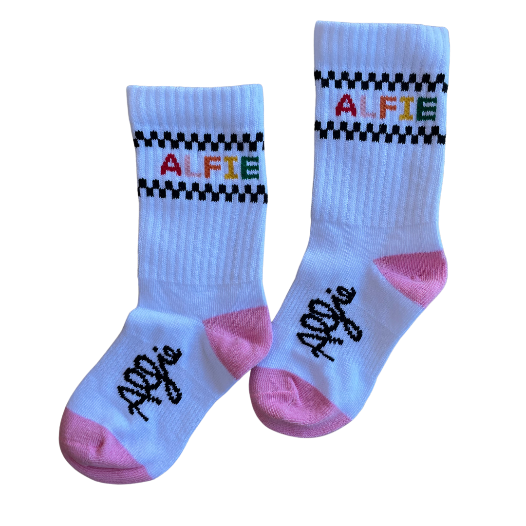 Alfie Checkers Socks Kids Skateboarding like Santa Cruz White with Multi Colour Logo and Checkers
