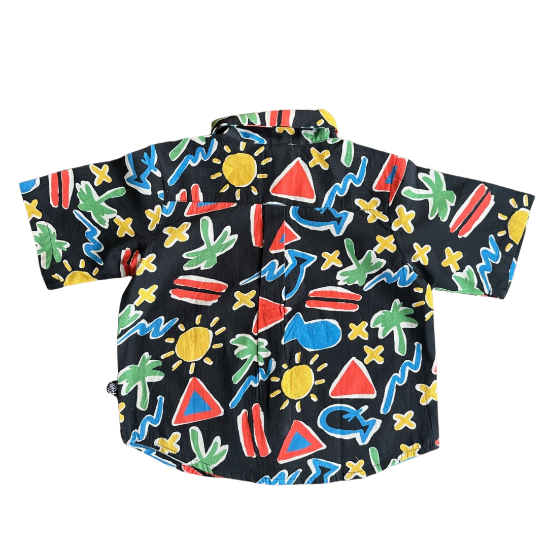 Alfie Black Retro Party Shirt For Kids and Adults. Bright print on cotton poplin shirt.