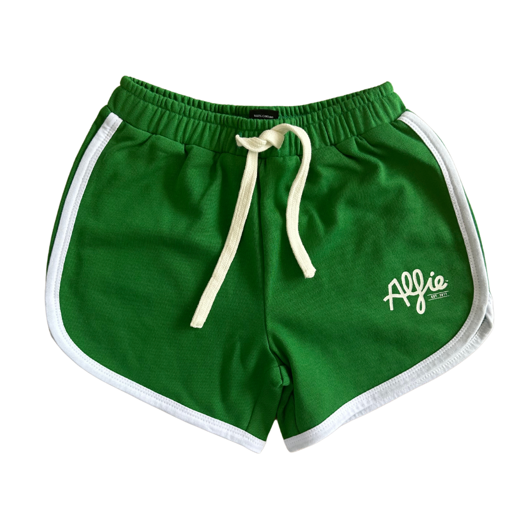 Kids Bright Green Terry Cotton 70s Style Shorts With White Trim Available in sizes 0-10