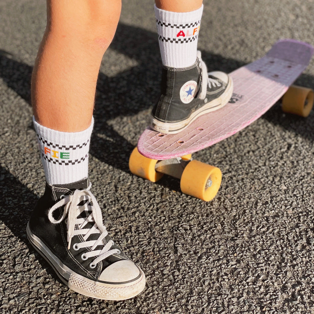 Alfie Kids Socks Perfect For Skateboarding and Play Like Santa Cruz White With Multi Coloured Logo and Checkers
