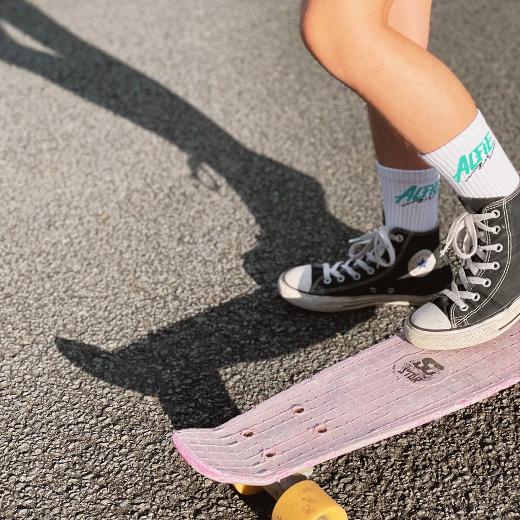 Alfie Kids Socks Perfect For Skateboarding and Play Like Santa Cruz White Socks with Blue Alfie Logo