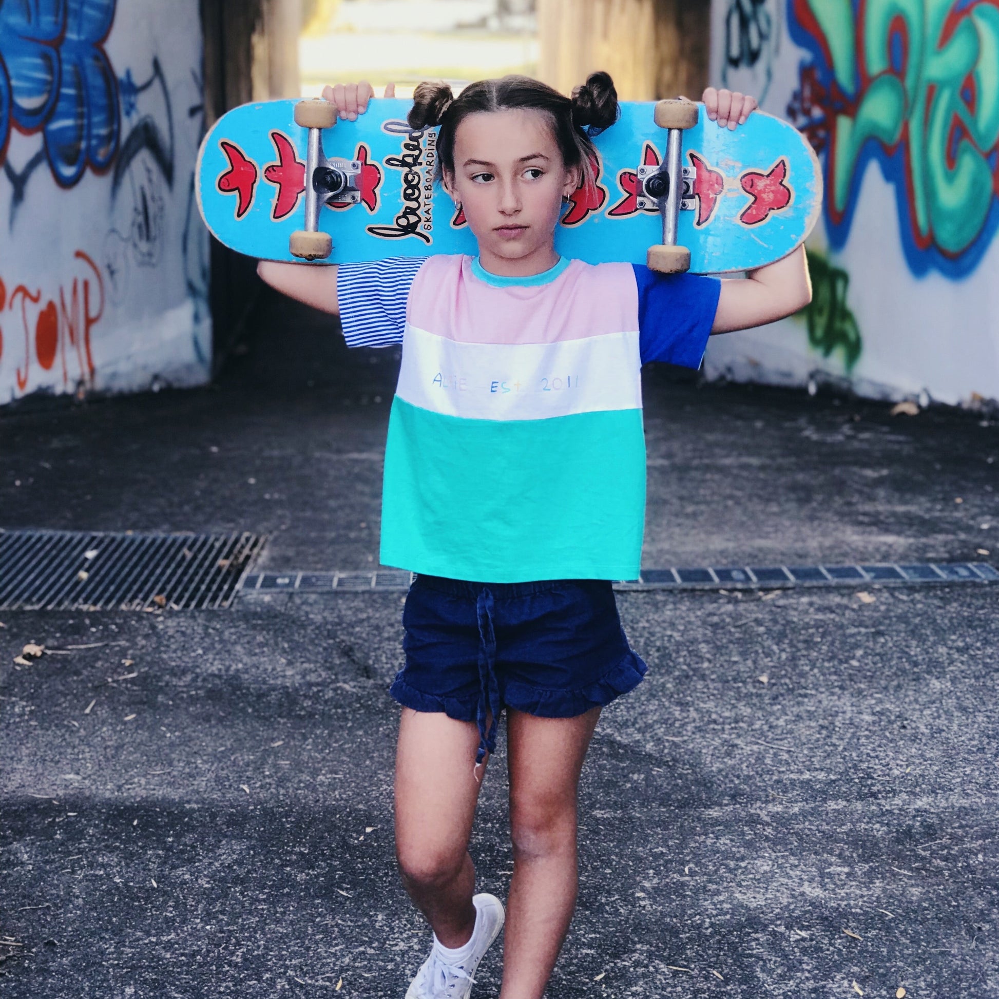 Harvi Block Tee - Pink Blue Aqua T-Shirt  Skater Girl