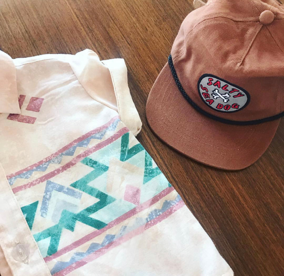 Alfie Salty Sea Dog Tan Cotton Twill 5 Panel Kids Cap Hat with Alfie Party Shirt . Designed in Australia.